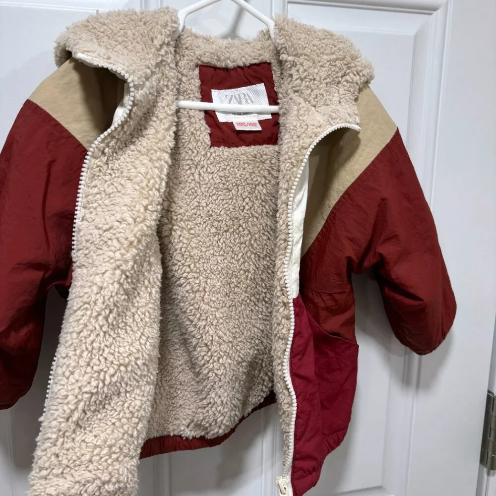 Zara Colorblock Hooded Jacket in White, Beige, Burgundy & Red